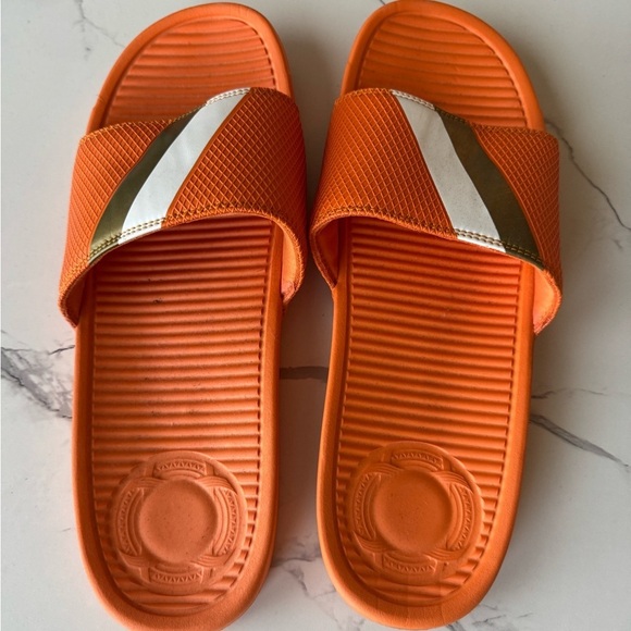 Sandalboyz Men 15 - Orange Slide Sandals with Gold and White Stripes - Picture 4 of 7